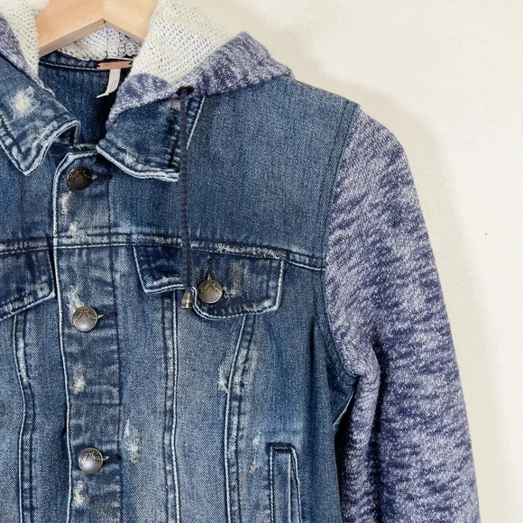 Free People Mixed Media Distressed Denim Jacket  with Knit Sleeves - Picture 7 of 16
